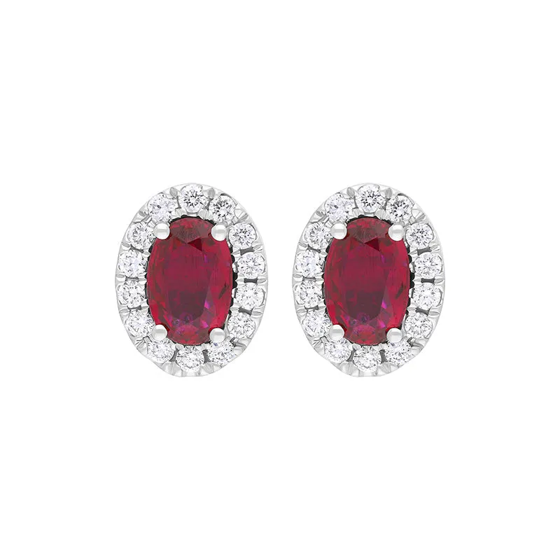 18ct White Gold Ruby Diamond Oval Cluster Stud Earrings