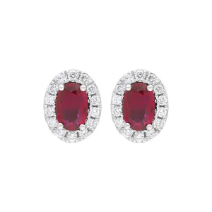 18ct White Gold Ruby Diamond Oval Cluster Stud Earrings