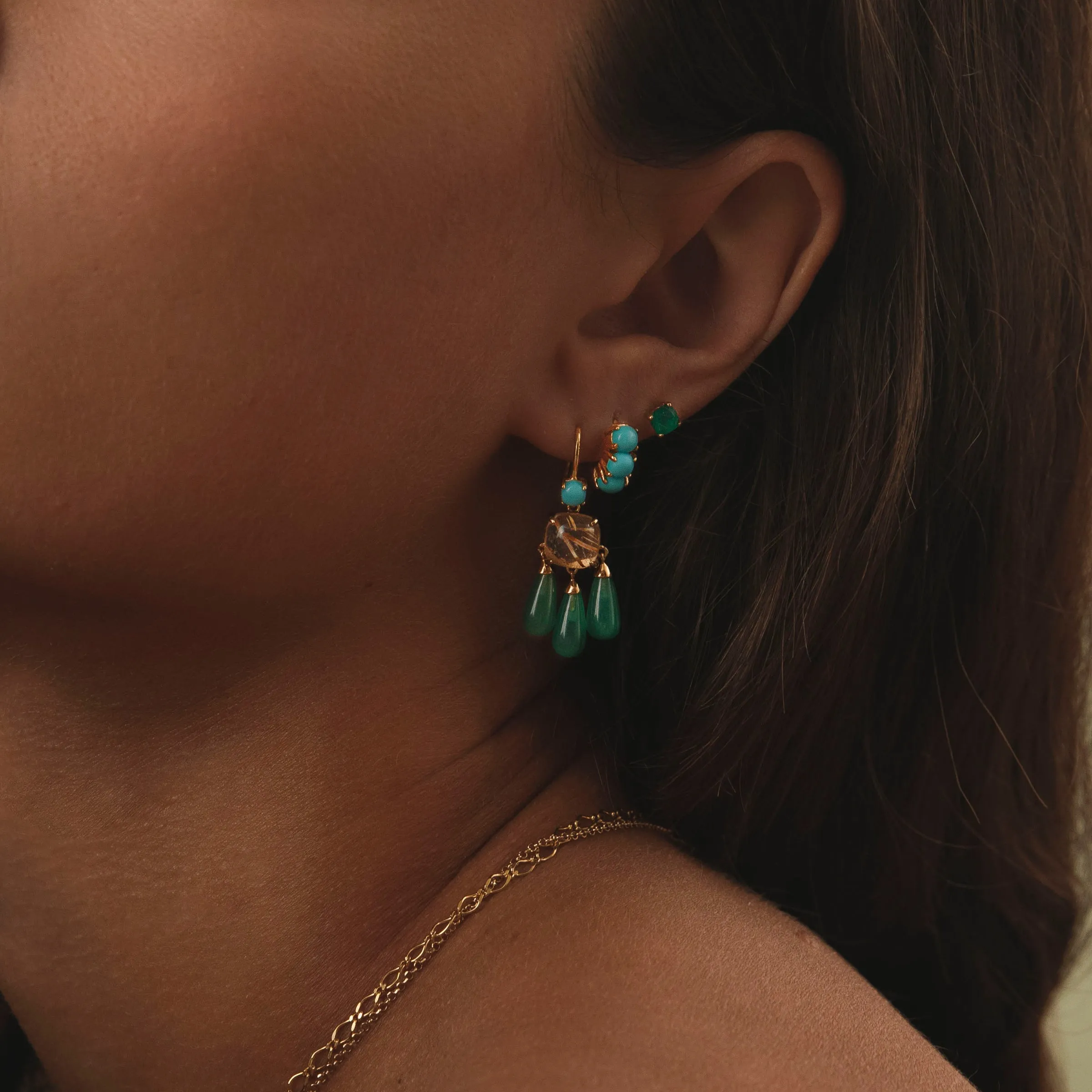 18K Gold Plated Earrings w. Quartz, Agate & Turquoise