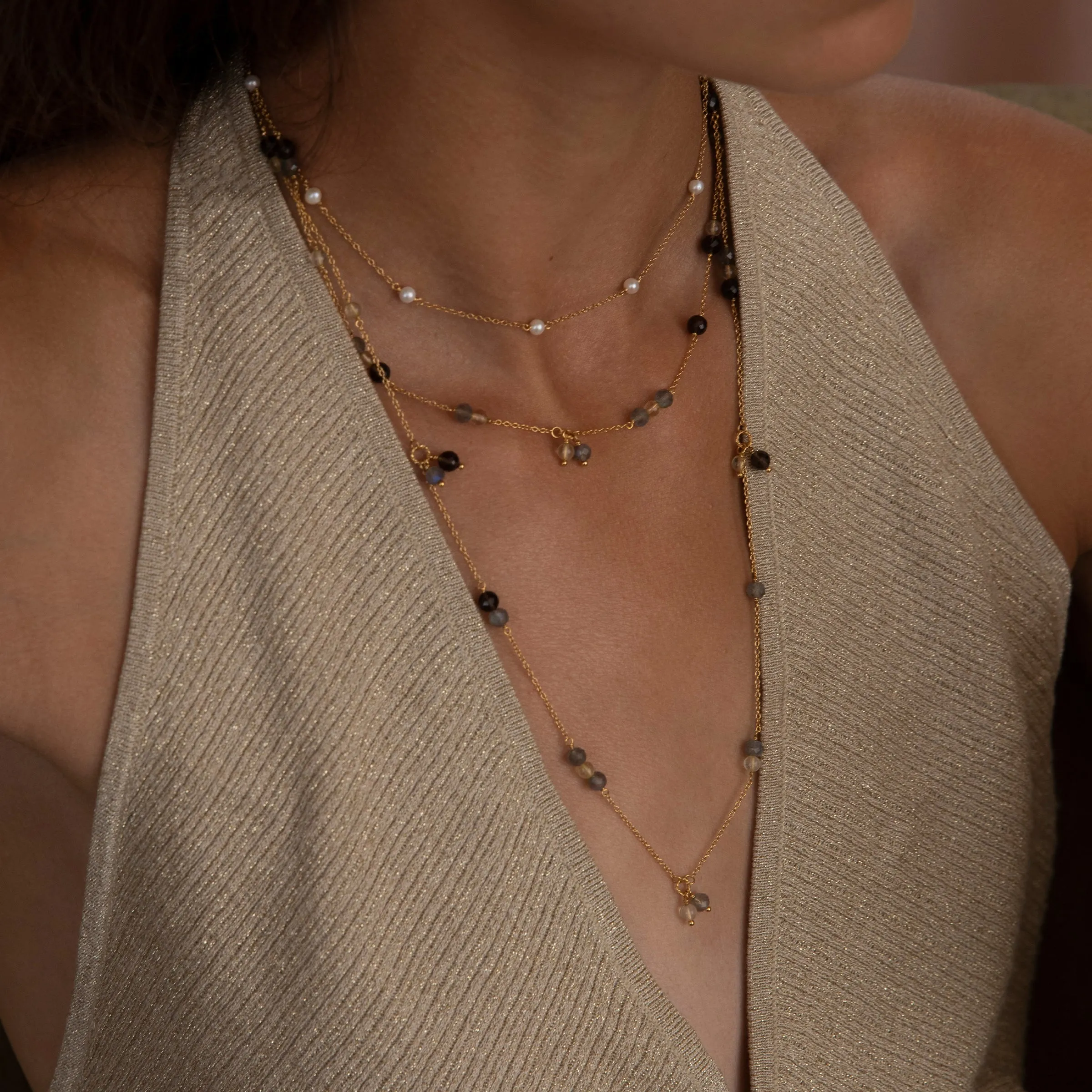18K Gold Plated Necklace w. Quartz & Labradorite