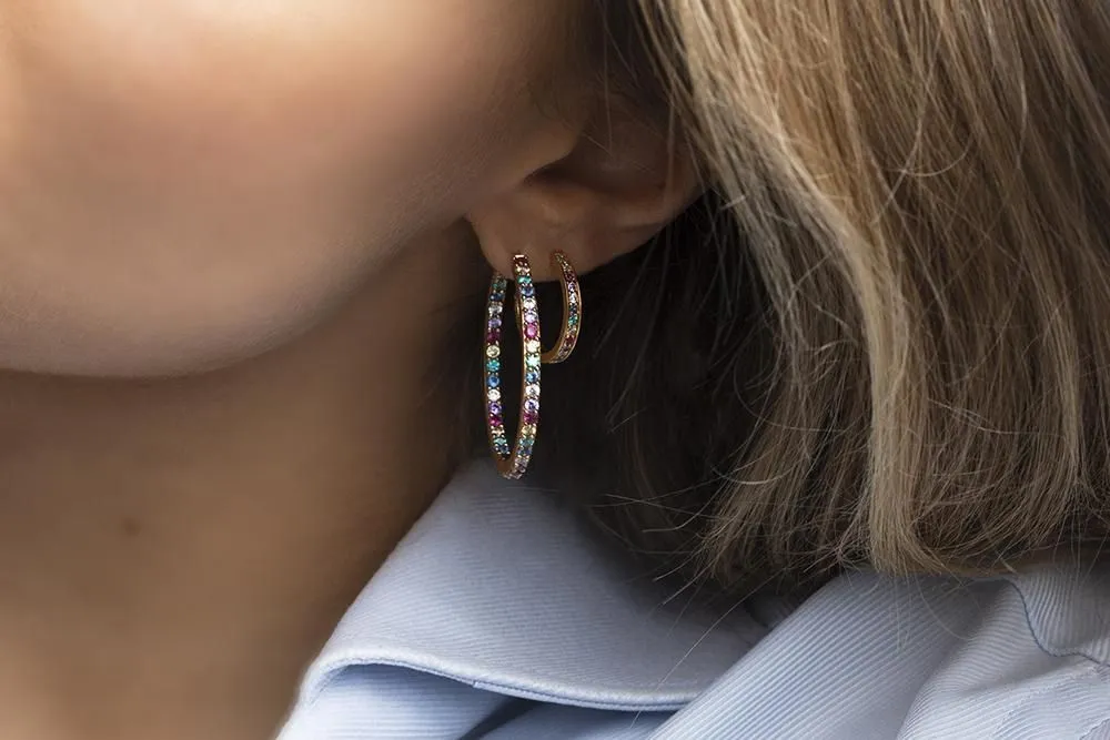 Bovalino Gold Plated Hoops w. Blue, White, Yellow, Purple & Pink Zirconias