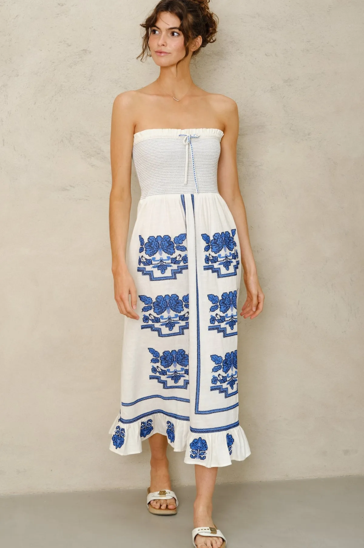 Carmi Emb Sundress Ecru/Blue