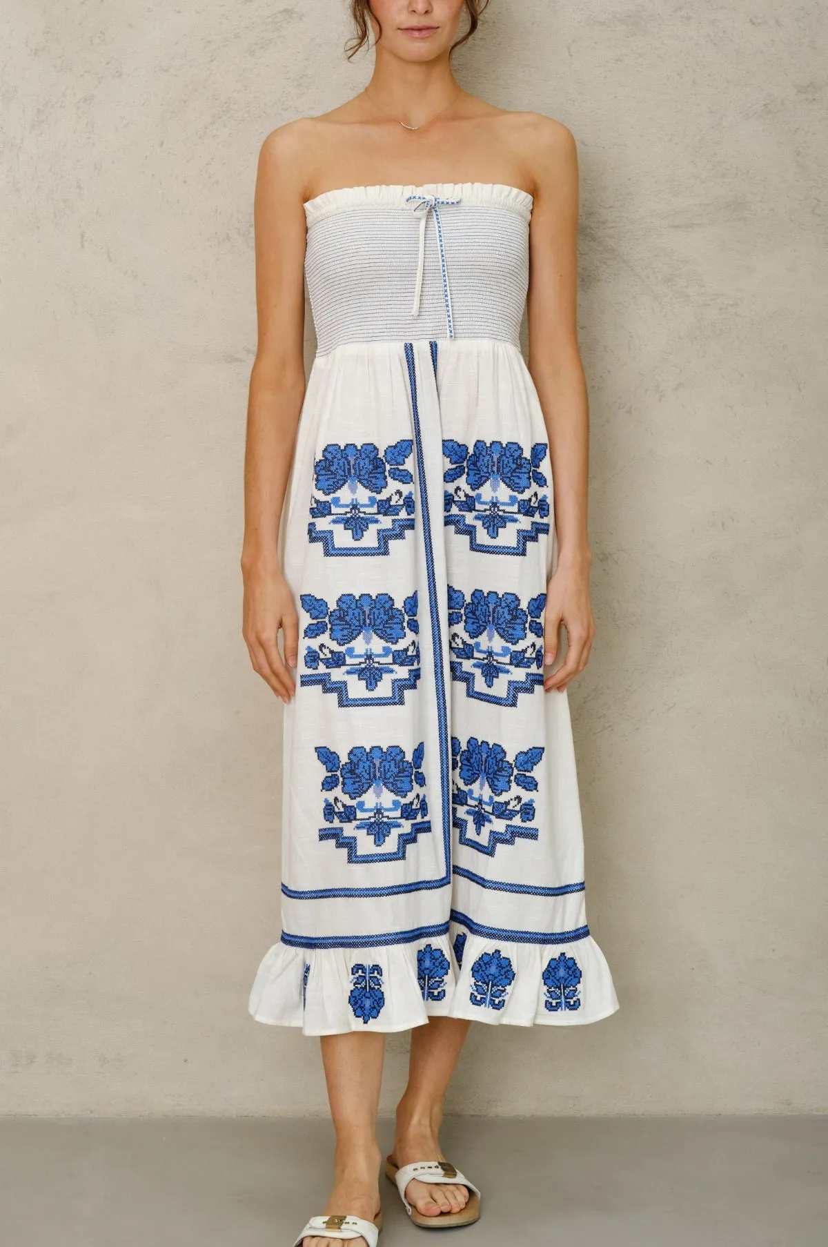 Carmi Emb Sundress Ecru/Blue