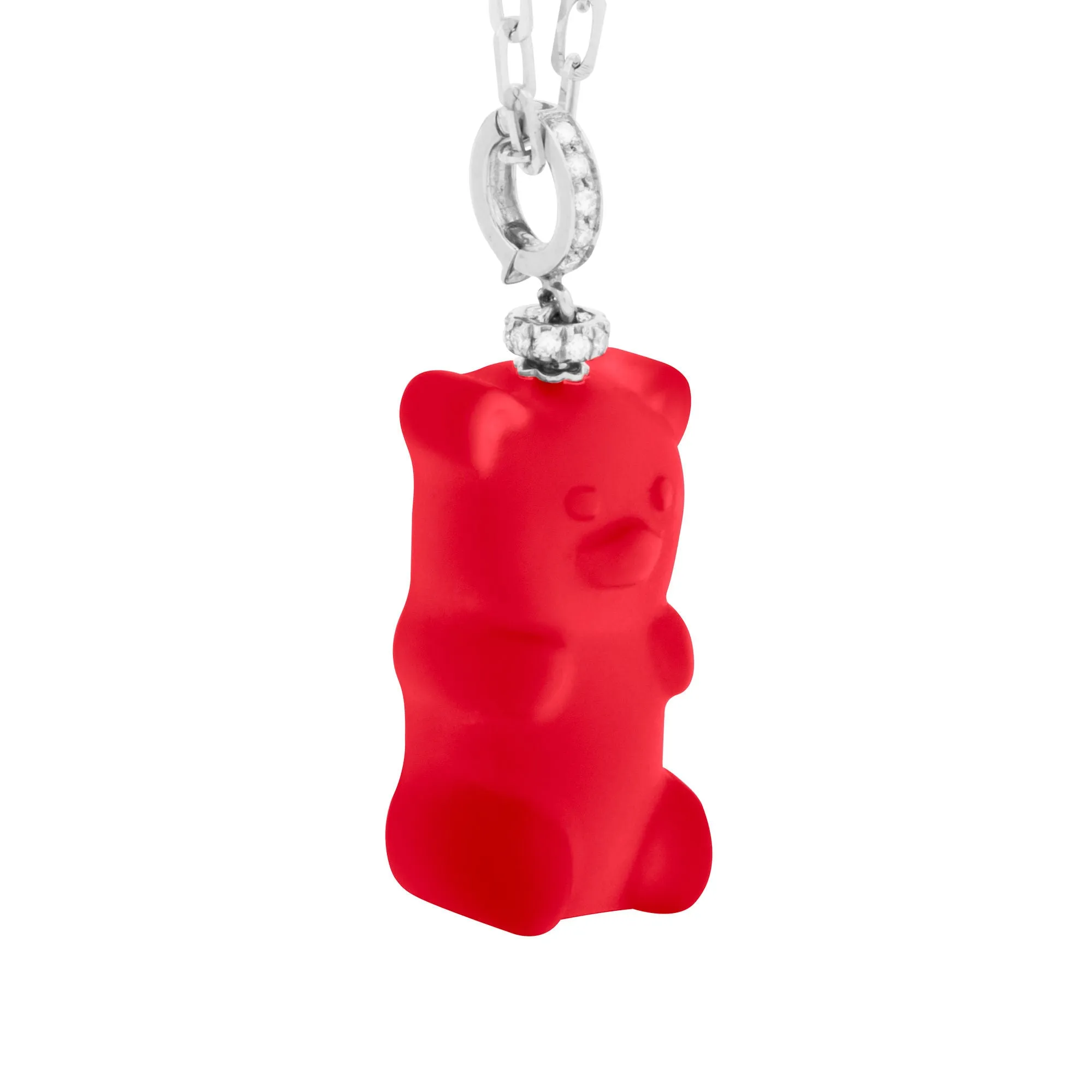 Cherry Gemmy Bear 18K Whitegold Necklace w. Diamonds & Crystal