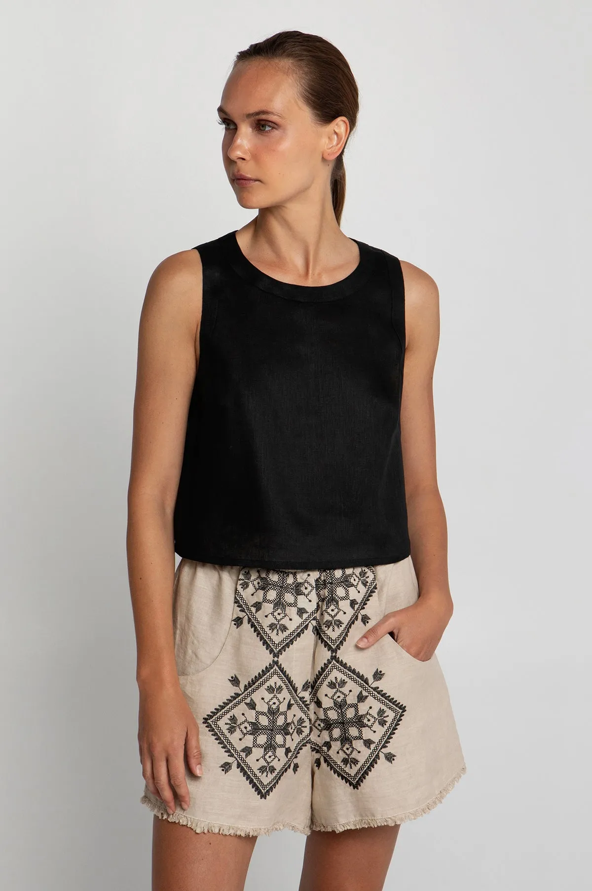 Classic Linen Sleeveless Top Black