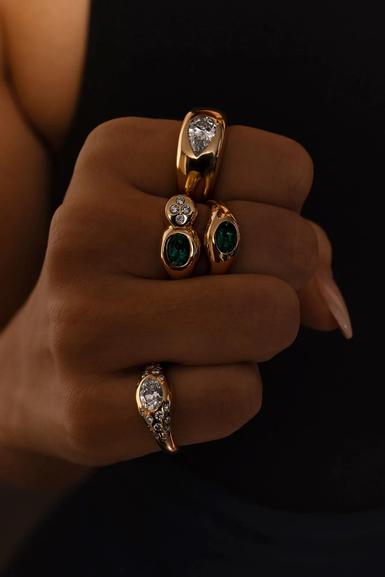 Curve Duo 18K Rosegold Ring w. Emerald & Diamonds