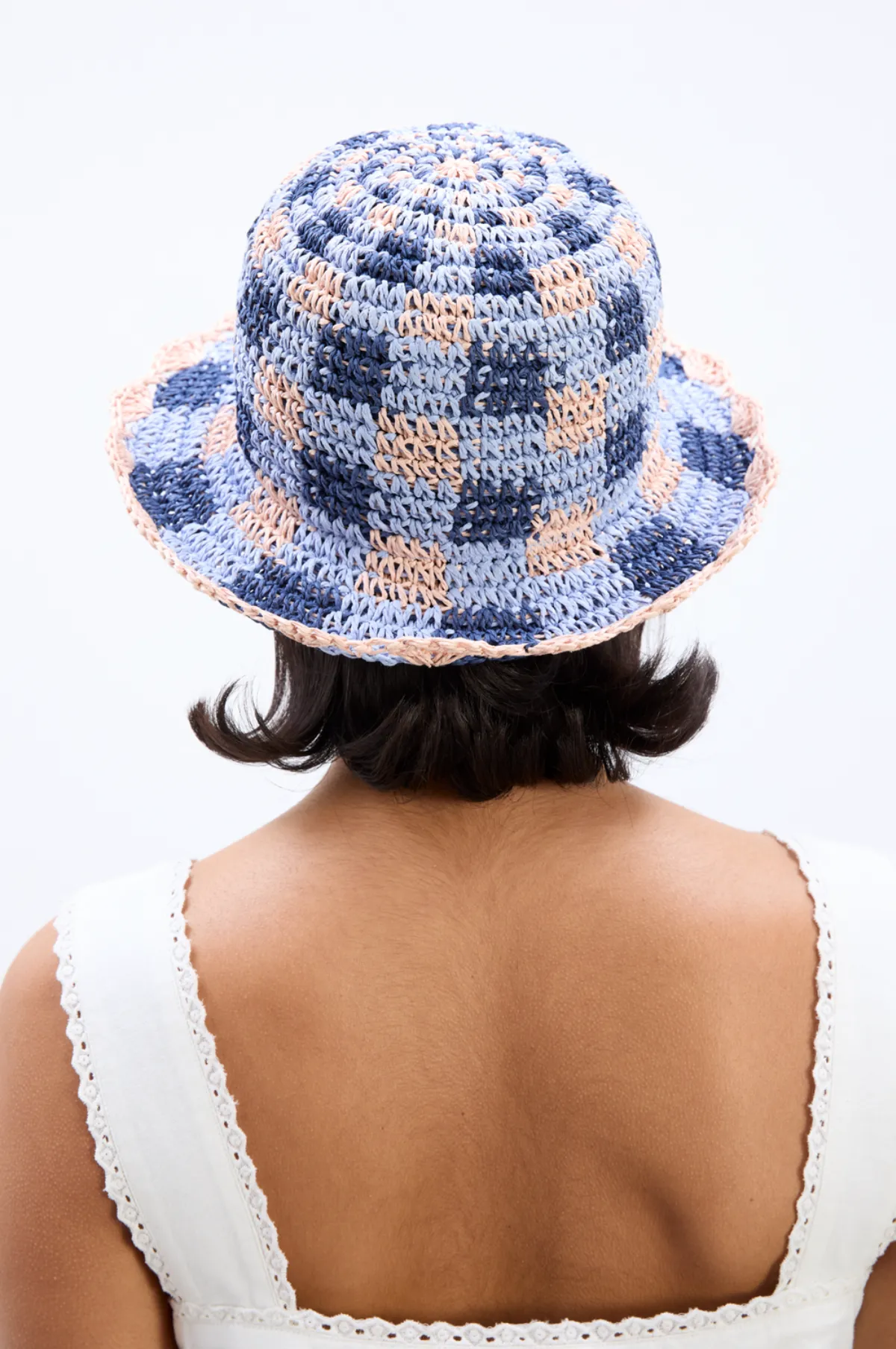 Gingham Straw  Bucket Hat Navy & Pale Pink