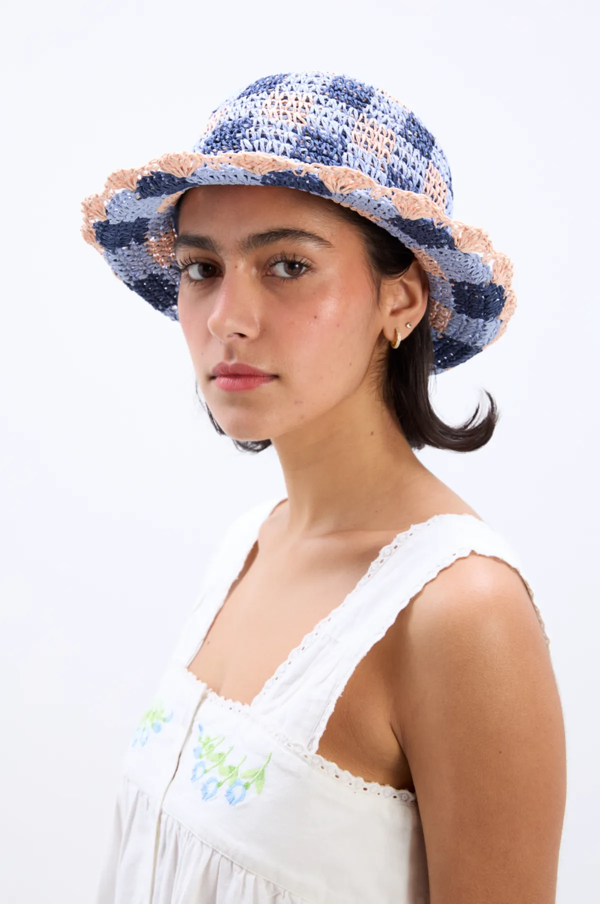 Gingham Straw  Bucket Hat Navy & Pale Pink