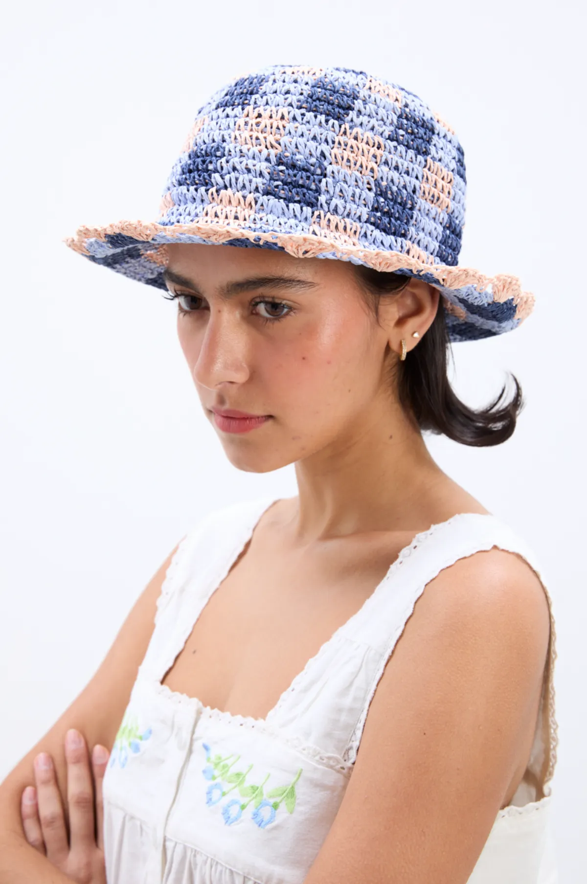 Gingham Straw  Bucket Hat Navy & Pale Pink
