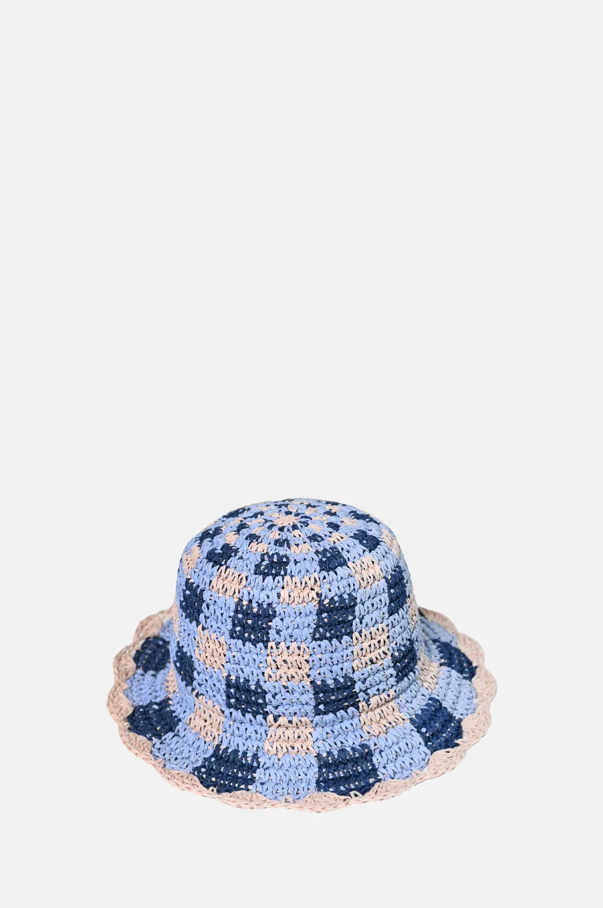 Gingham Straw  Bucket Hat Navy & Pale Pink