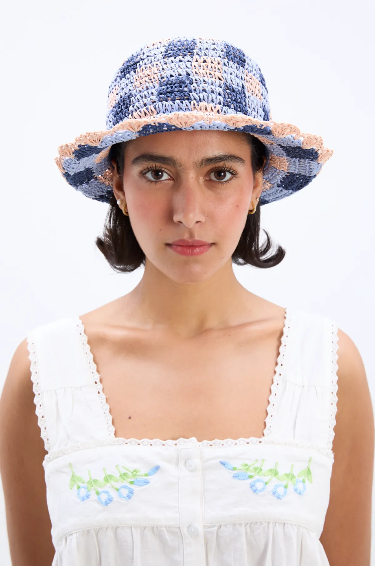 Gingham Straw  Bucket Hat Navy & Pale Pink