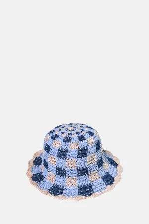 Gingham Straw  Bucket Hat Navy & Pale Pink