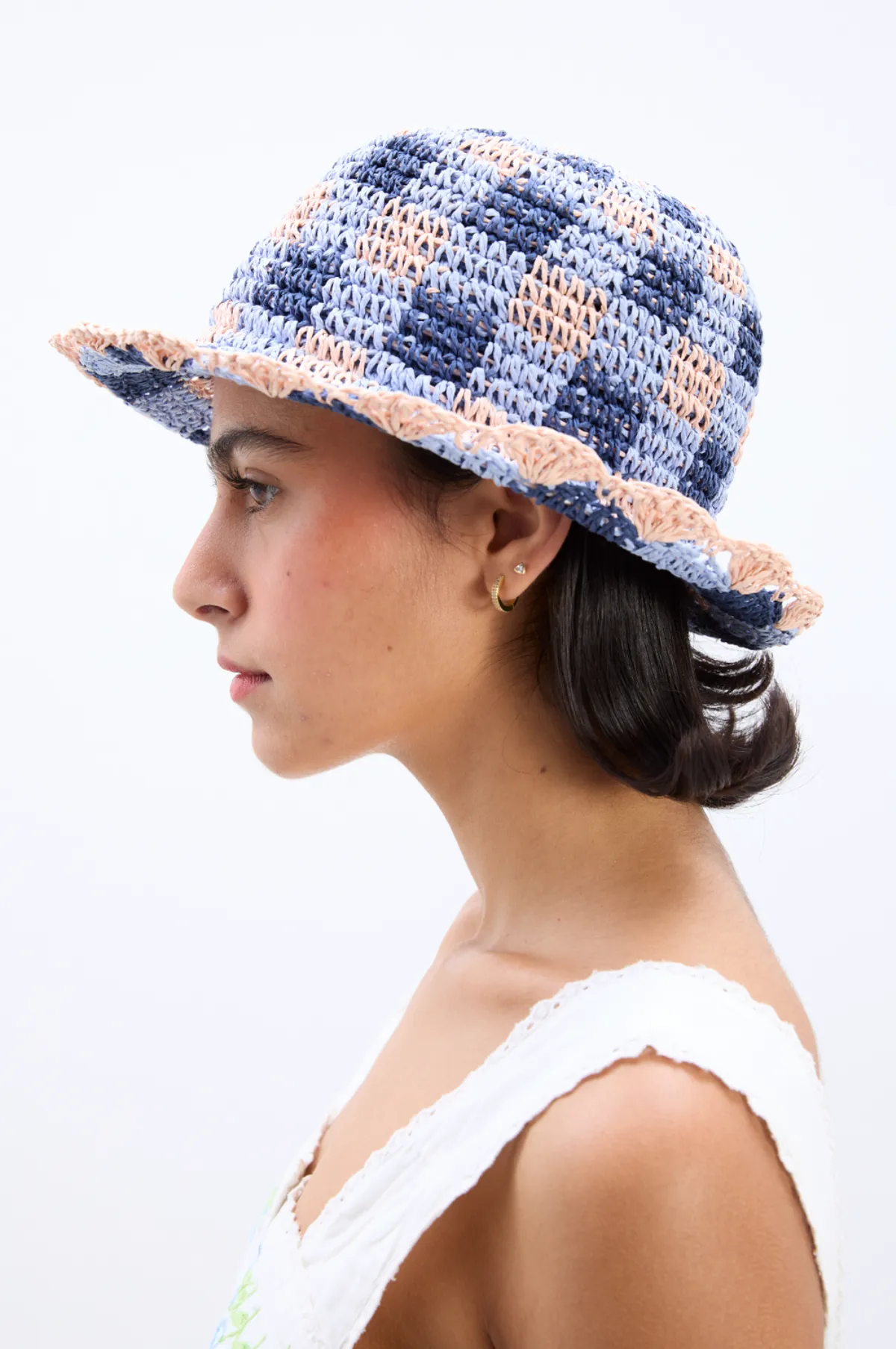 Gingham Straw  Bucket Hat Navy & Pale Pink