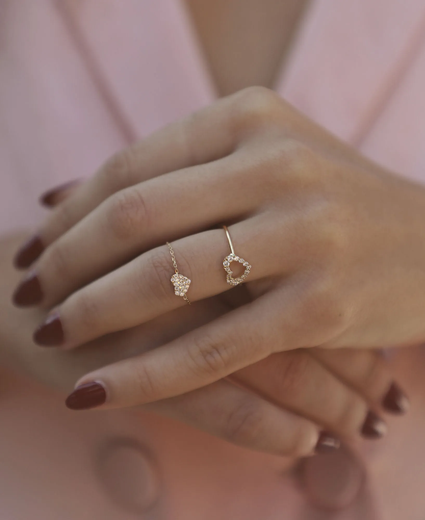 Heart Chain 18K Rose Gold Ring w. Diamonds