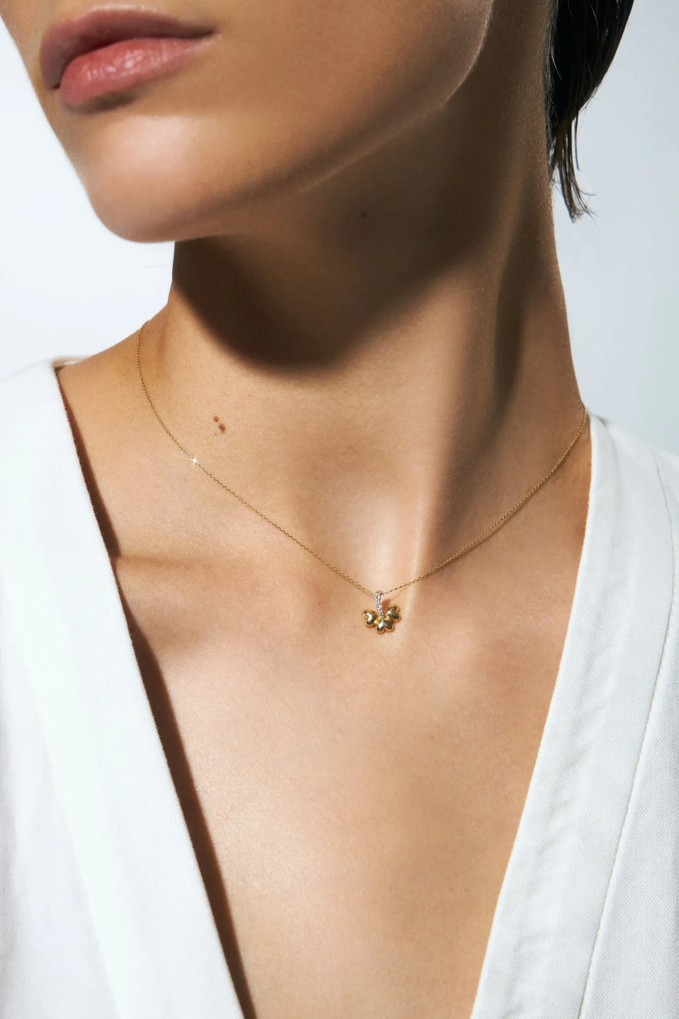 Heart Clover 14K Gold Necklace w. Diamond