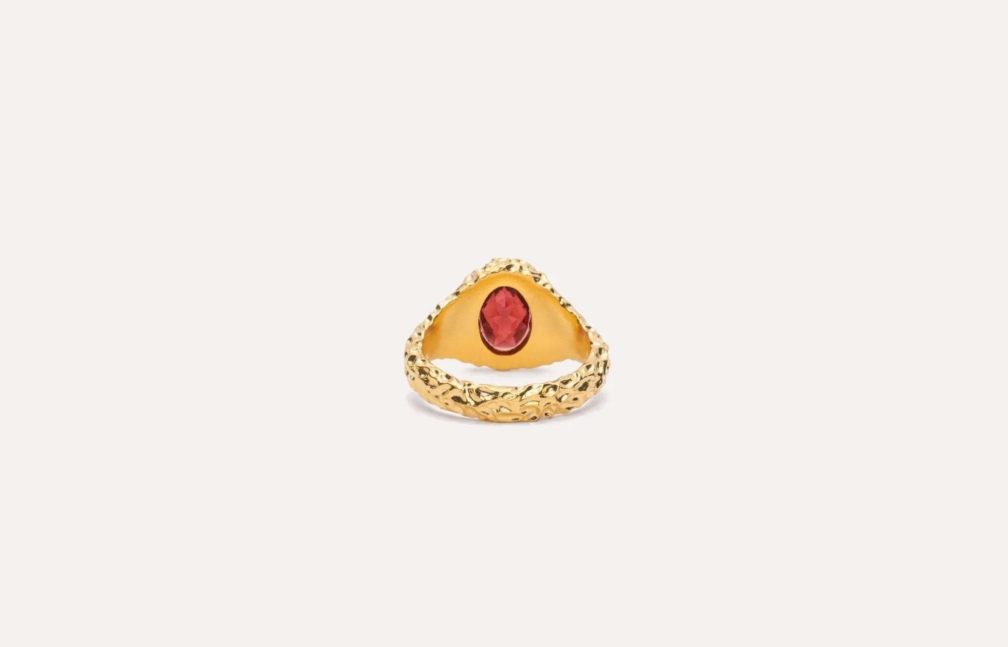 IX Crunchy Ornate Garnet Signet Gold Plated Ring