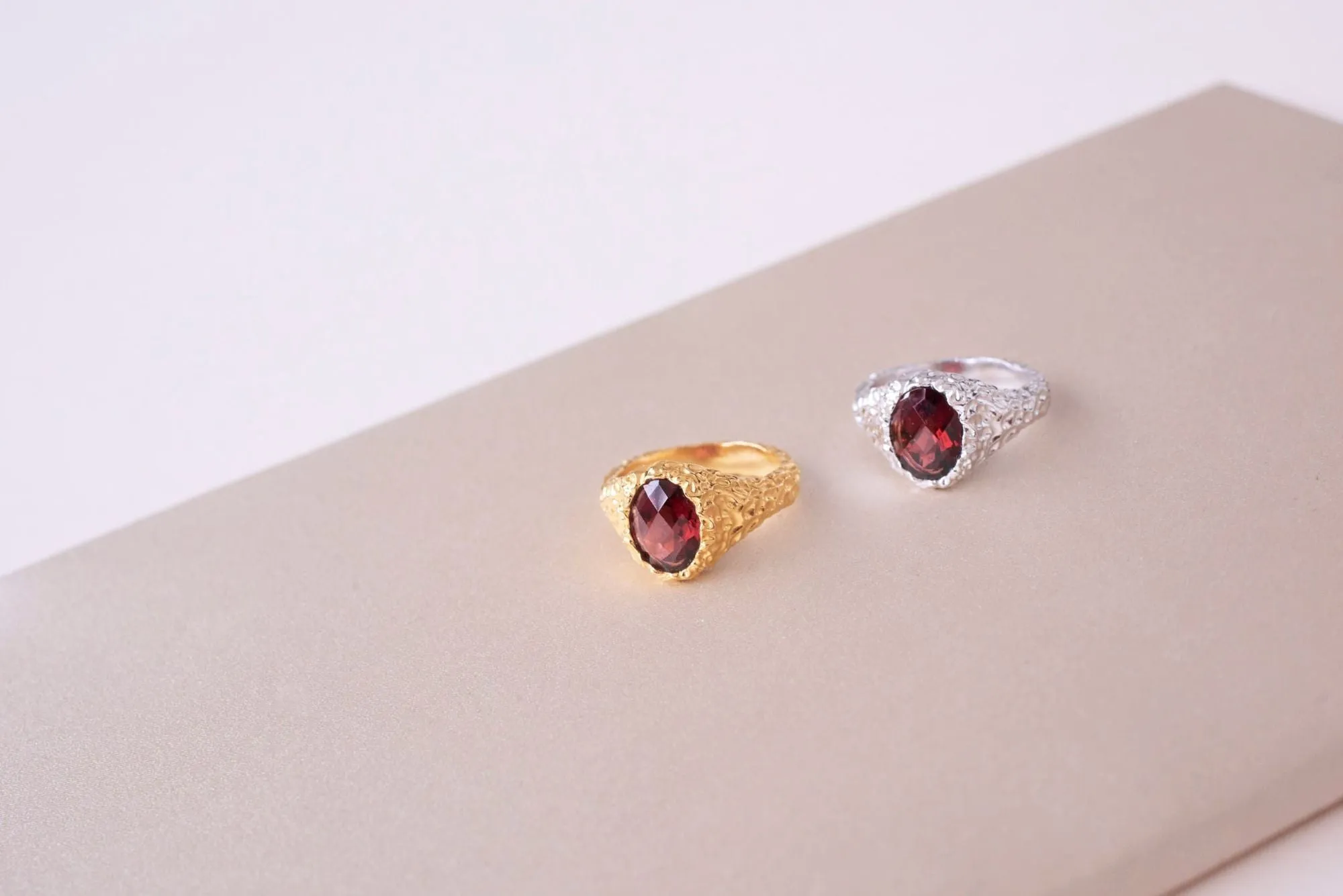 IX Crunchy Ornate Garnet Signet Gold Plated Ring