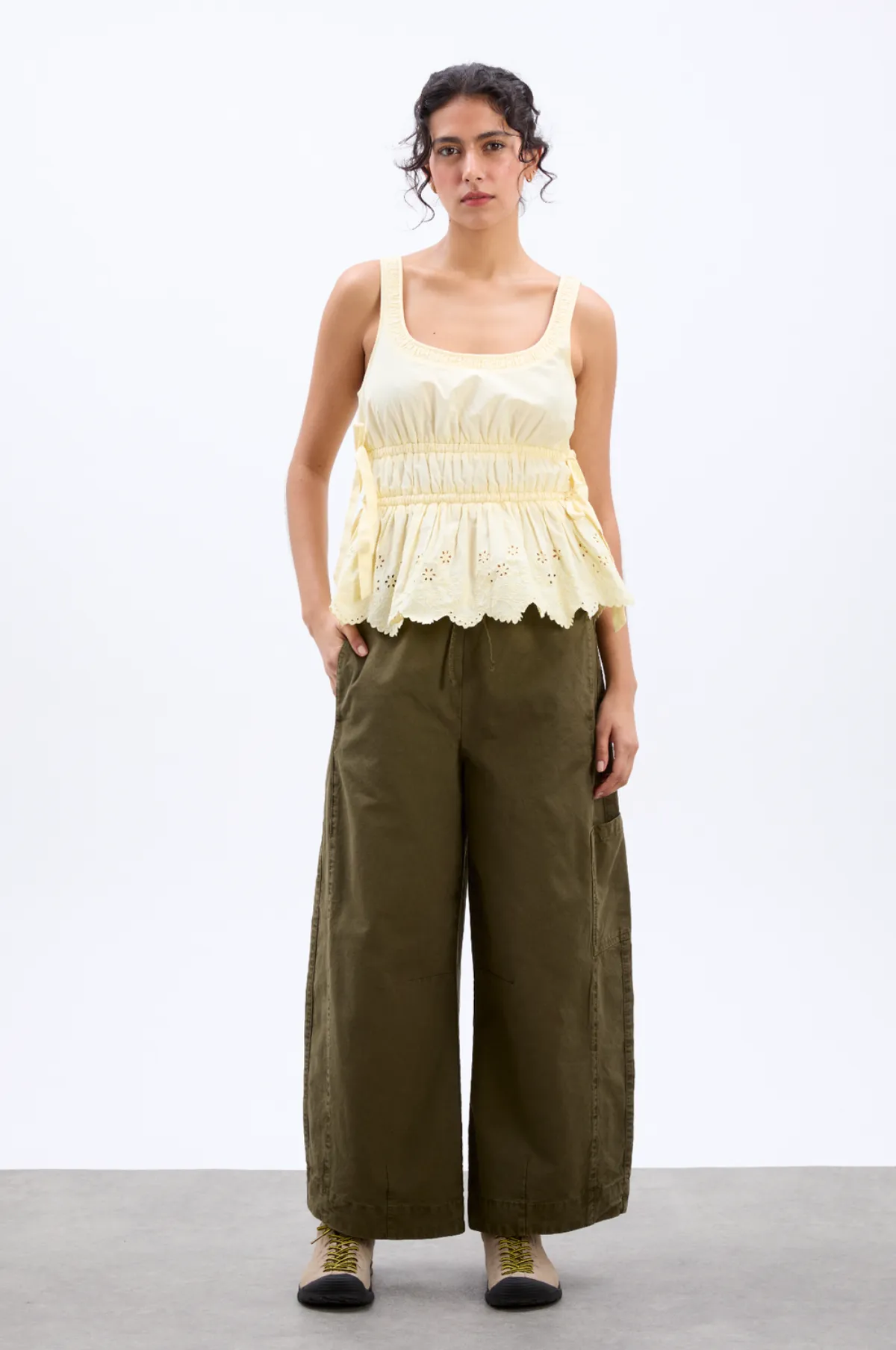 Jade Cami Yellow Broderie White