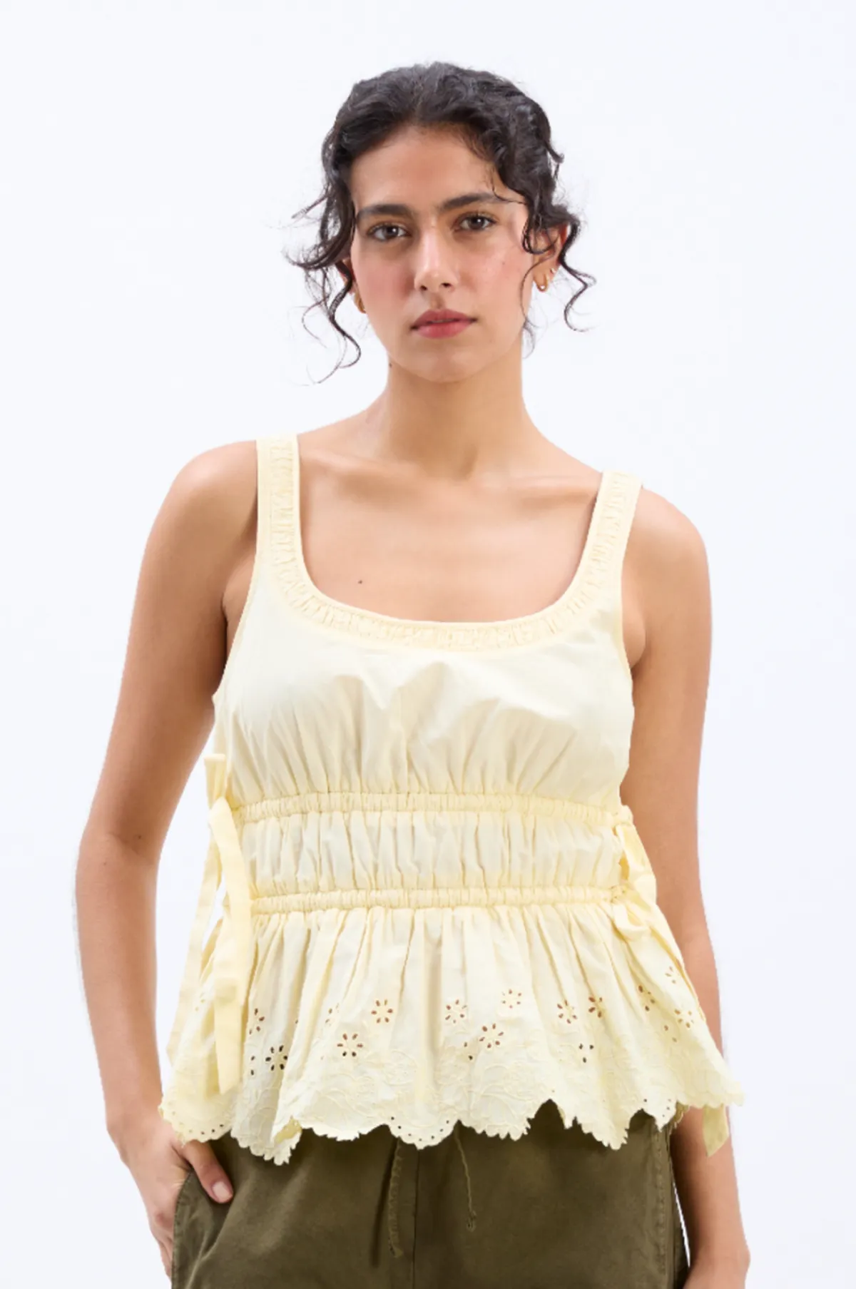 Jade Cami Yellow Broderie White