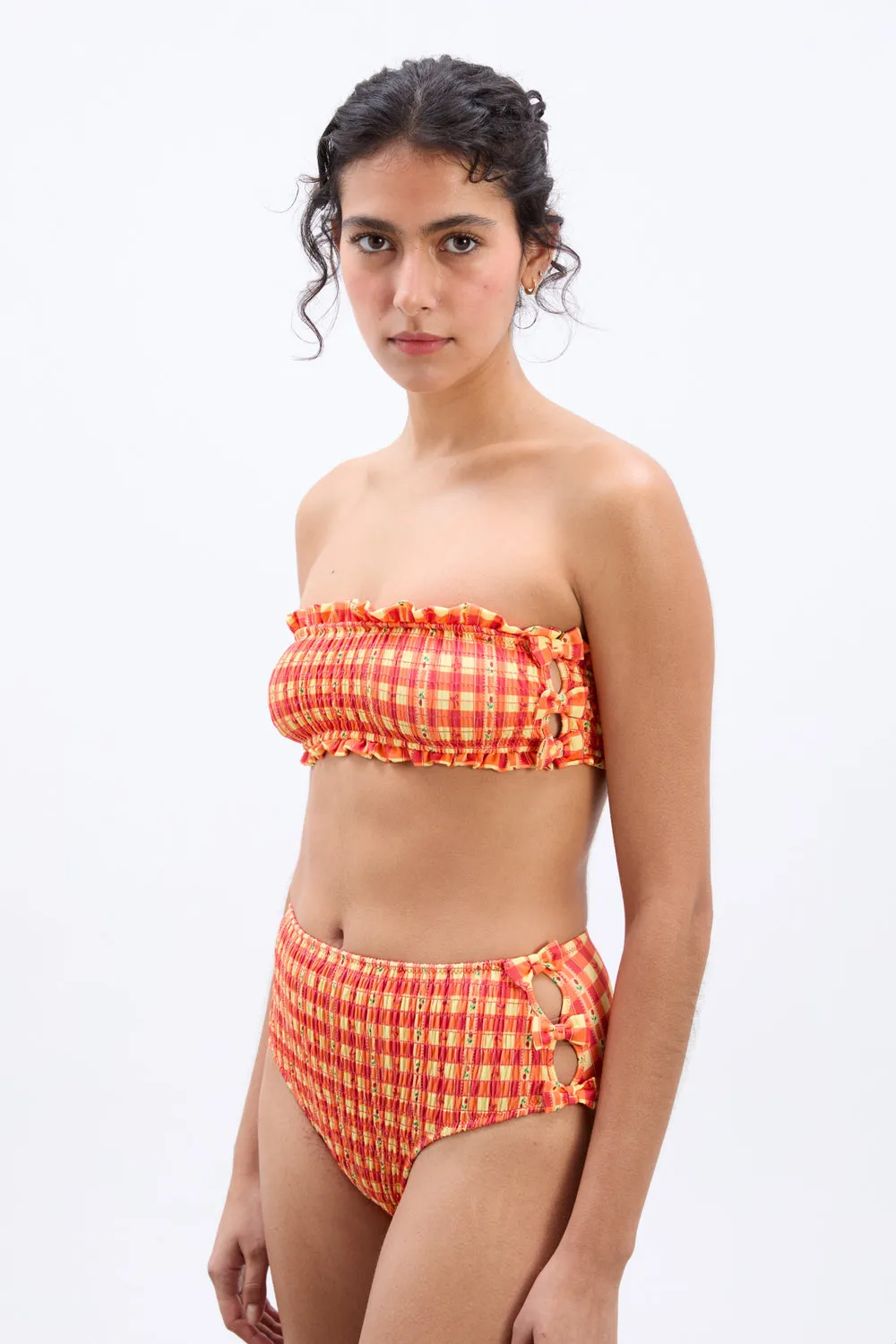 Jezebel Shirred Bow Bikini Top Orange Gingham