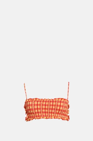 Jezebel Shirred Bow Bikini Top Orange Gingham