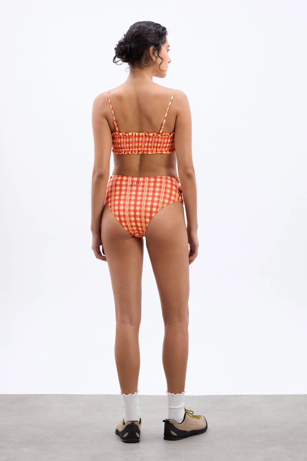 Jezebel Shirred Bow Bikini Top Orange Gingham