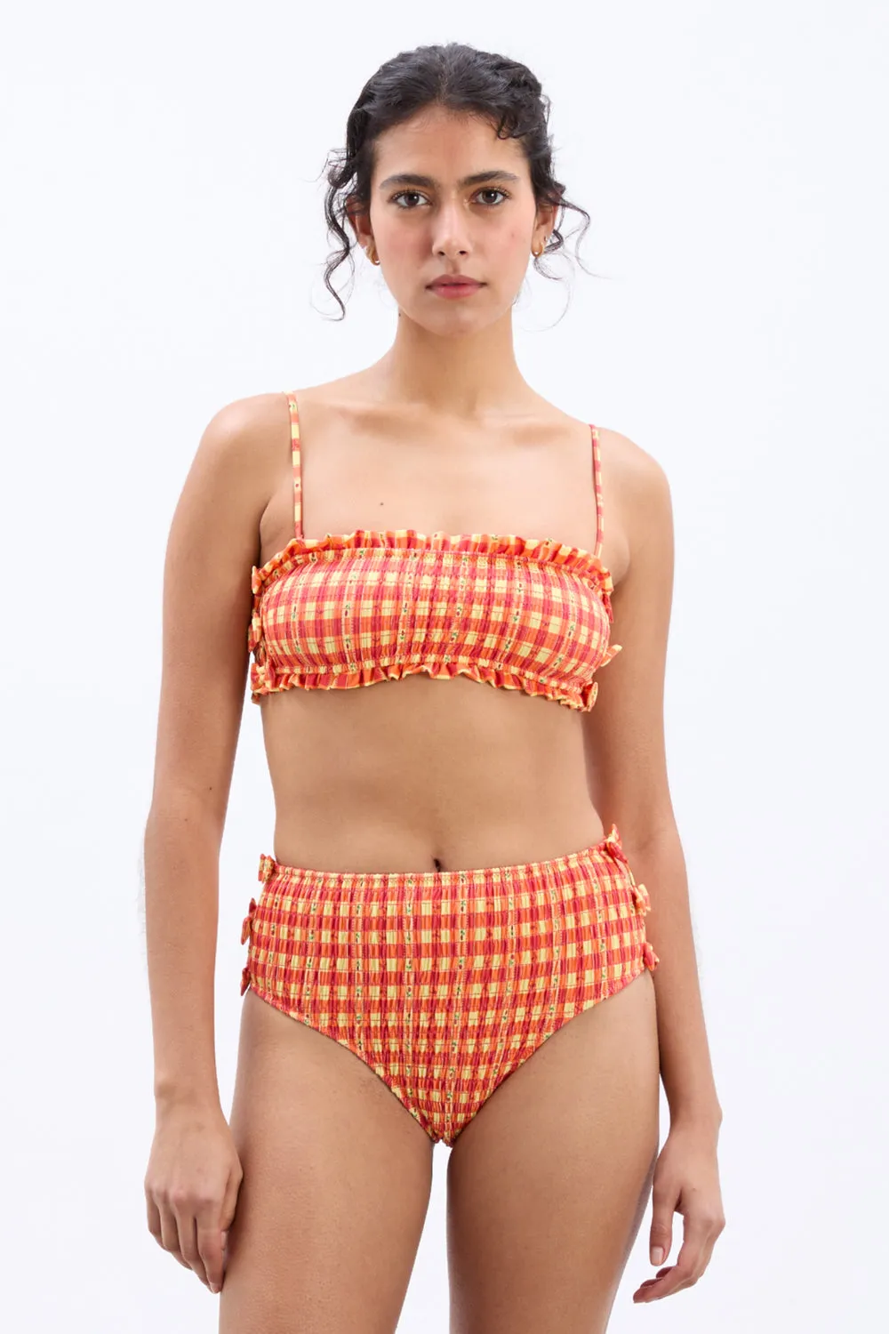 Jezebel Shirred Bow Bikini Top Orange Gingham