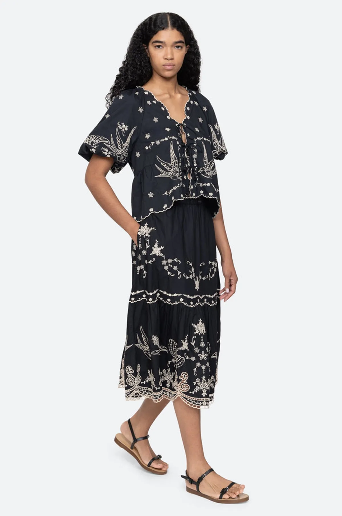 Kingsley Embroidery Tie Front Top Black