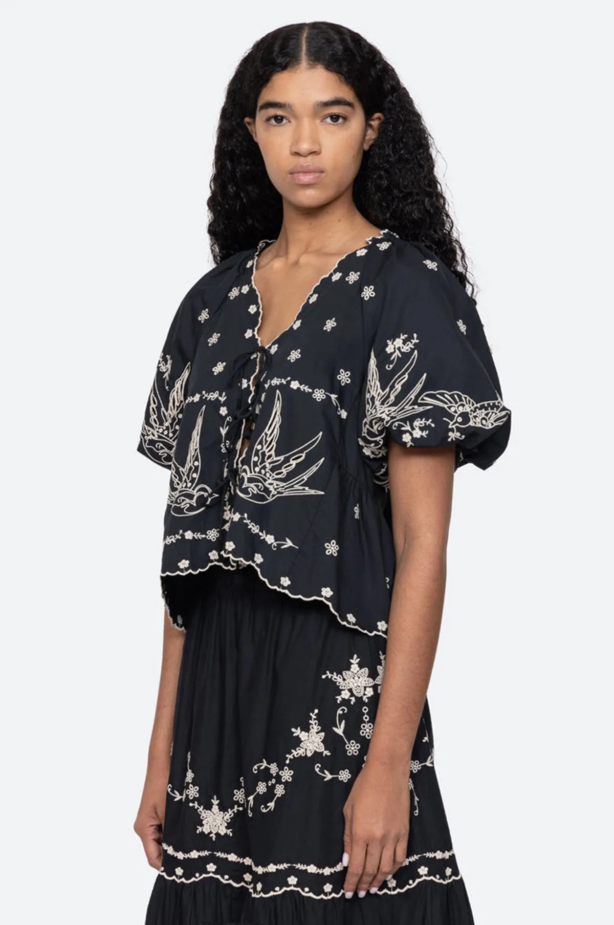 Kingsley Embroidery Tie Front Top Black