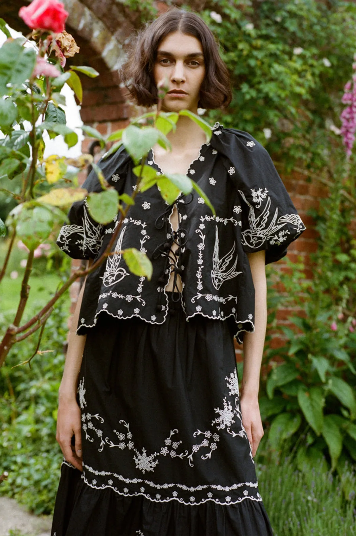 Kingsley Embroidery Tie Front Top Black