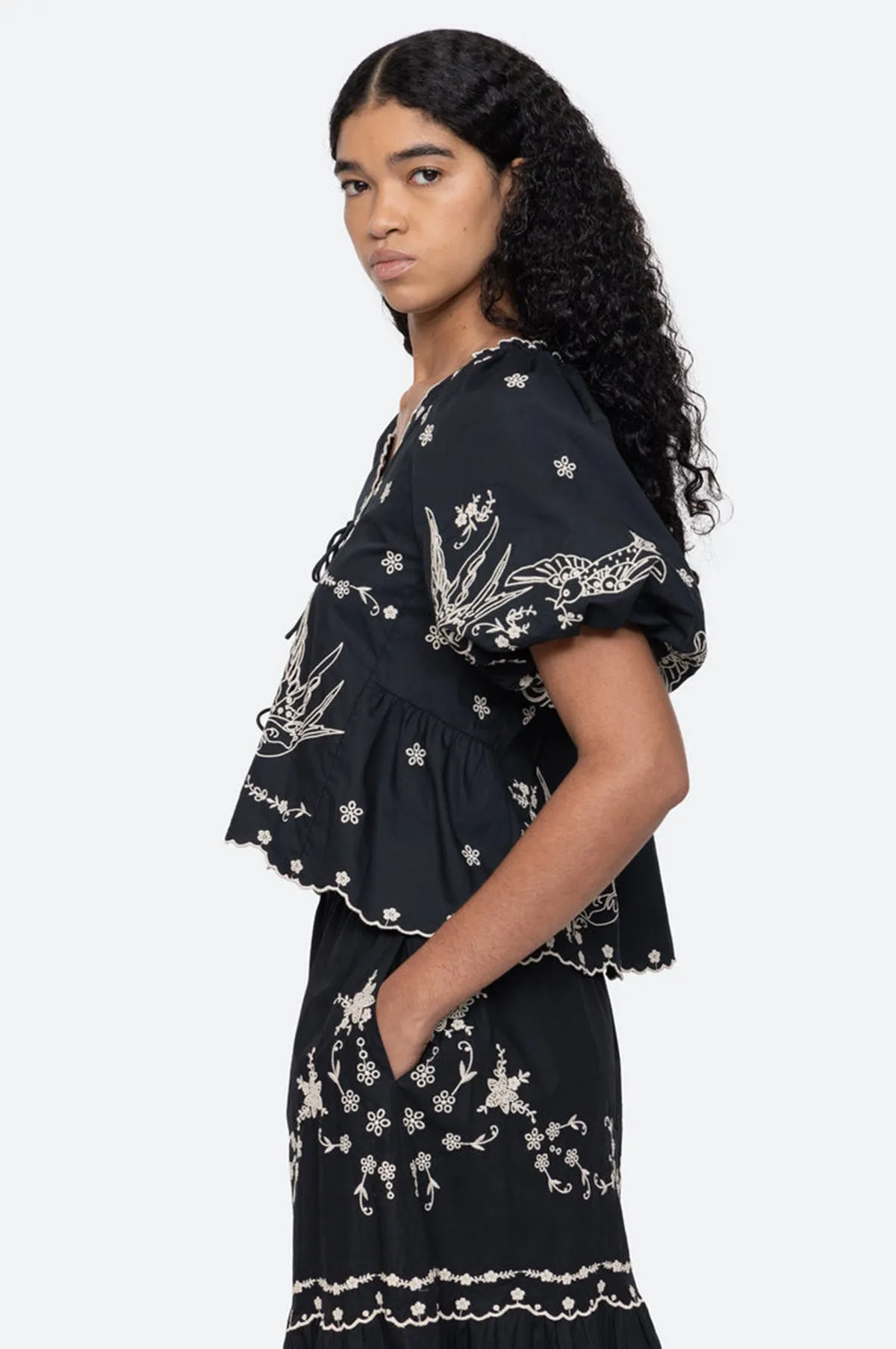 Kingsley Embroidery Tie Front Top Black