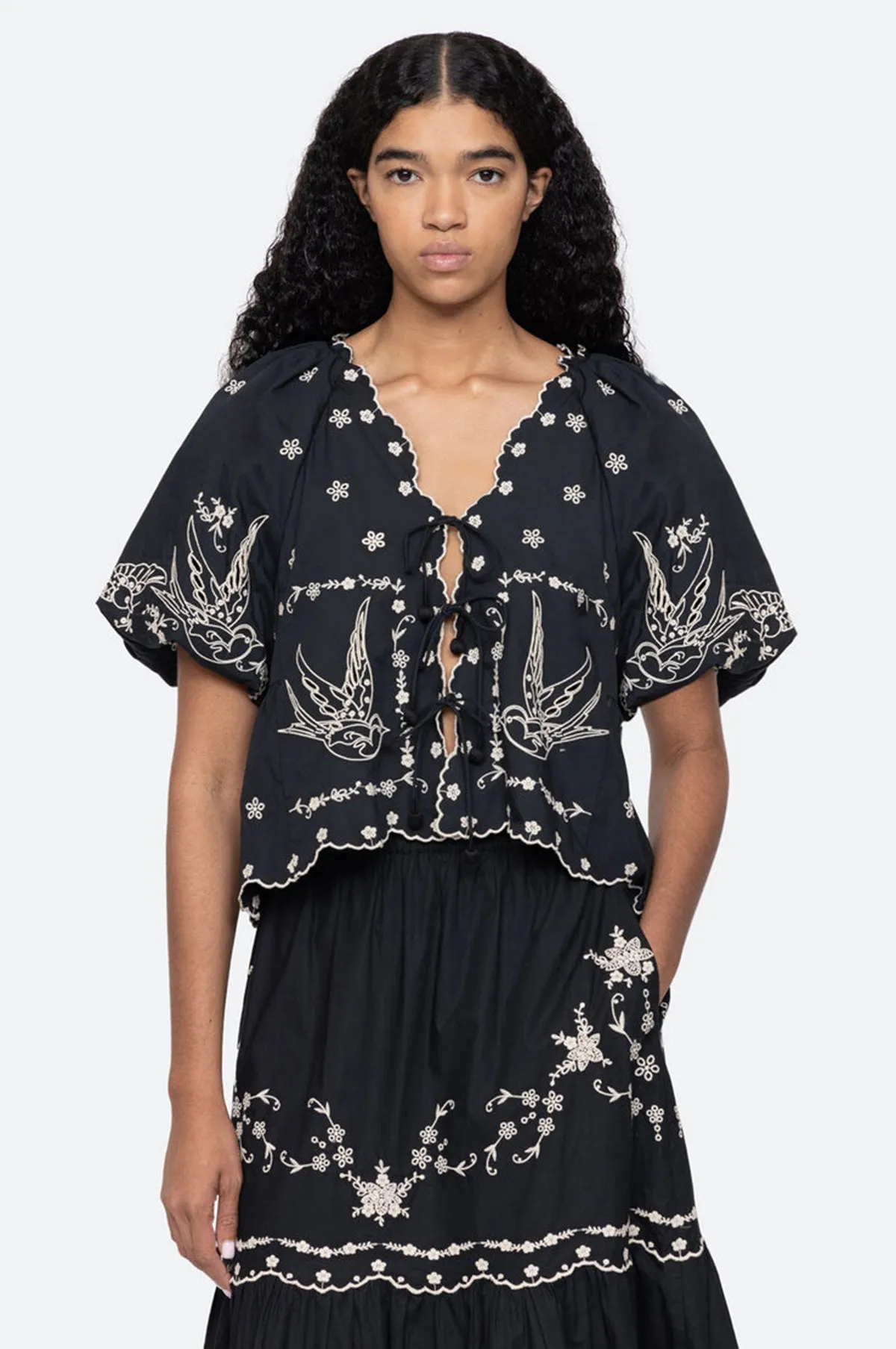 Kingsley Embroidery Tie Front Top Black