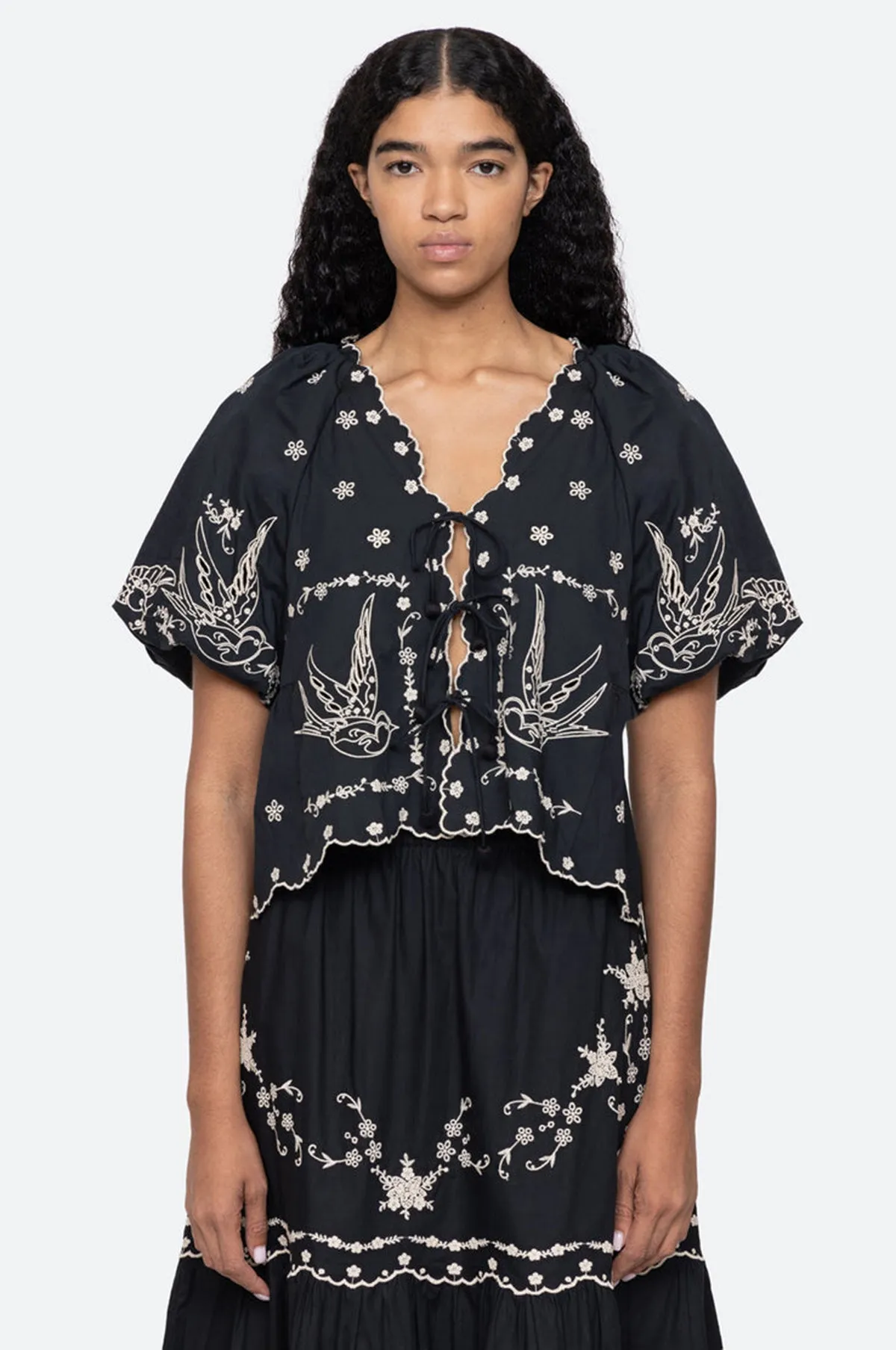 Kingsley Embroidery Tie Front Top Black