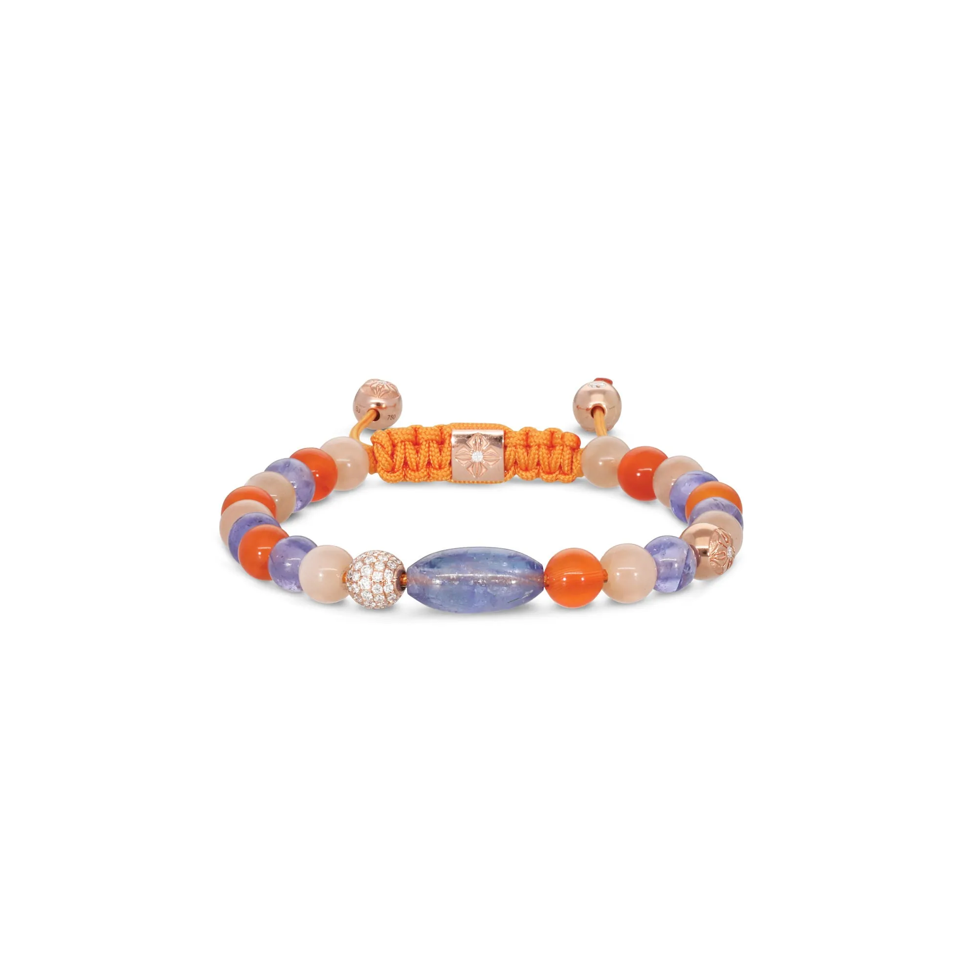 Multisize Non-Braided 18K Rosegold Bracelet w. Diamonds, Moonstone, Carnelian & Tanzanite