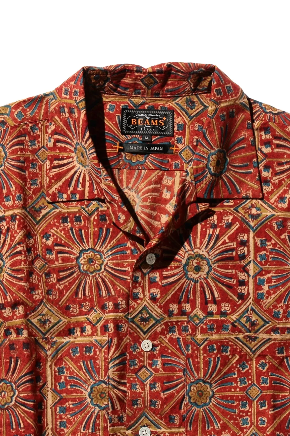Open Collar Block Print Flower Red