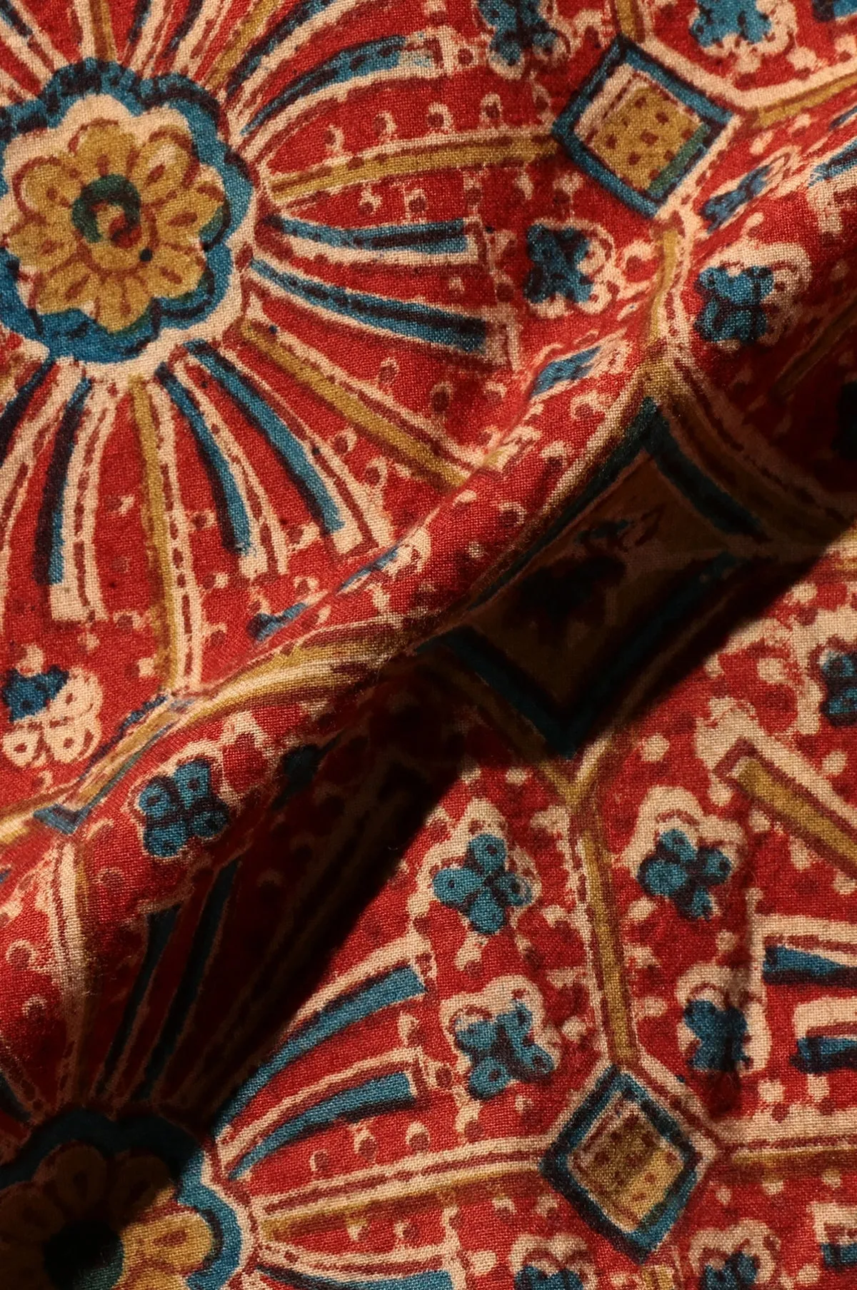 Open Collar Block Print Flower Red