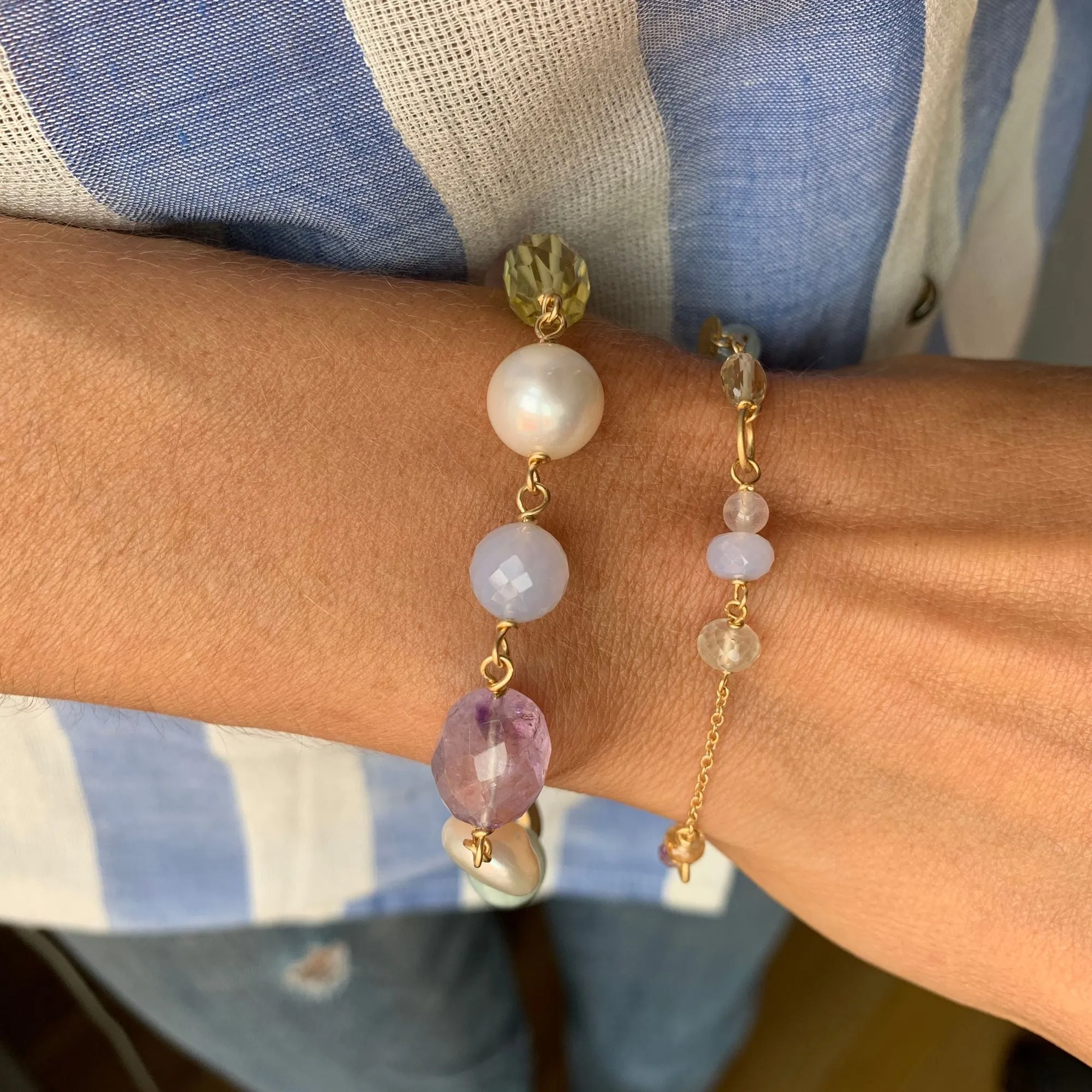 Piccolo Northern Light Limited Edition 18K Gold Bracelet w. Amethyst, Quartz & Pearl