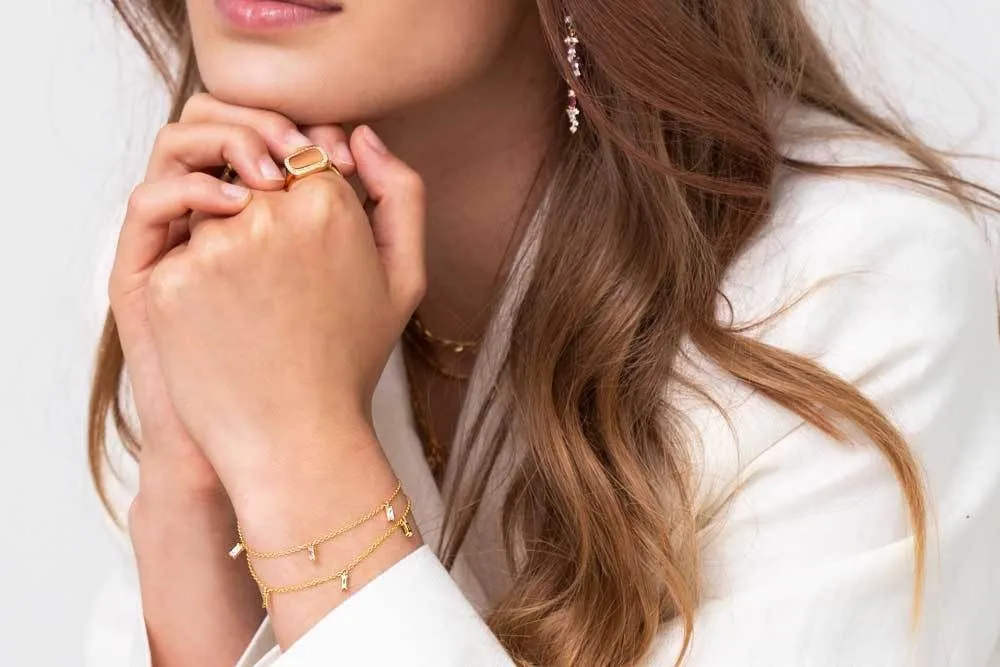 Princess Baquette Gold Plated Bracelet w. White Zirconias