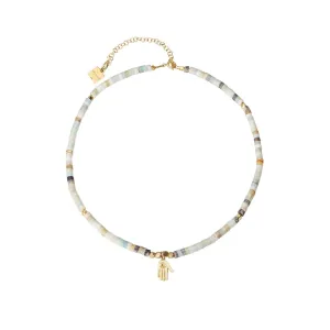 Pukar Fatima Hand 18K Gold Plated Necklace w. Amazonite