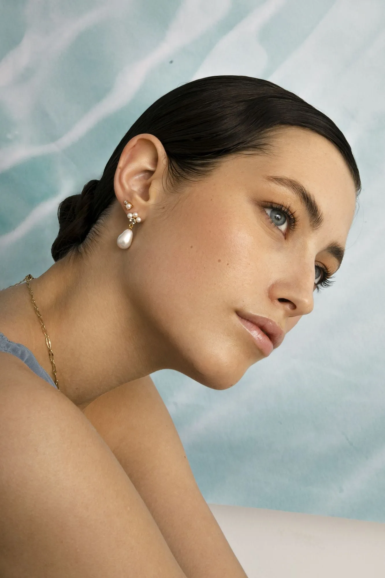 Reef 18K Gold Plated Studs w. Prasiolite & Drop Pearls
