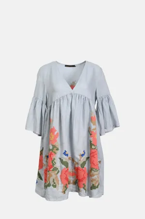 Rose Bell Sleeve Short Dress Light Grey