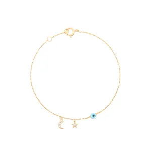 Star Evil Eye Half Moon 18K Gold Bracelet w. Diamonds