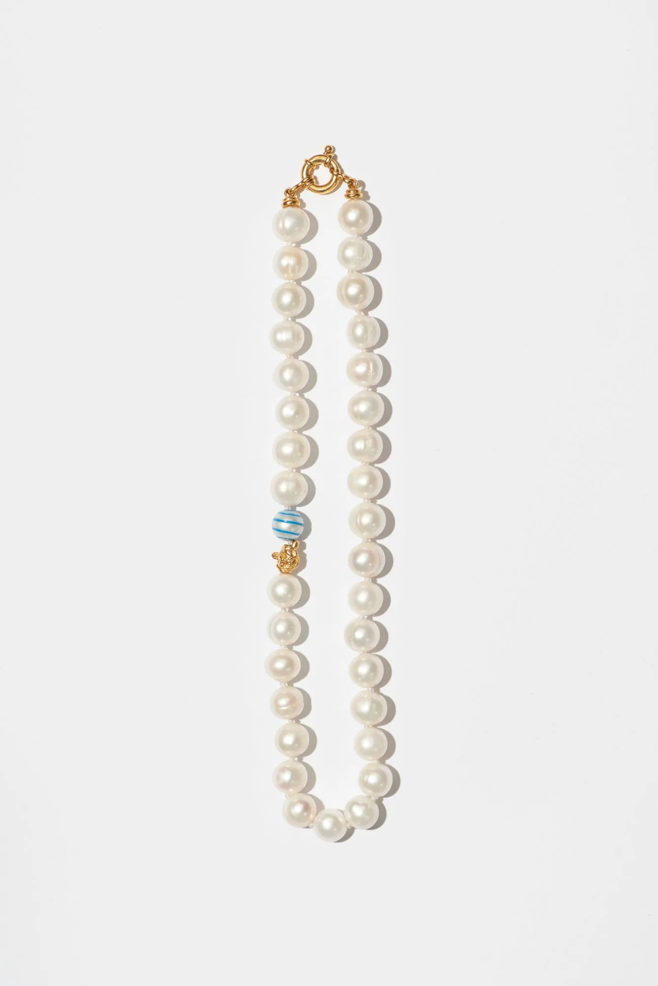 The Big Classic Blue Stripes Gold Plated Necklace w. Pearls