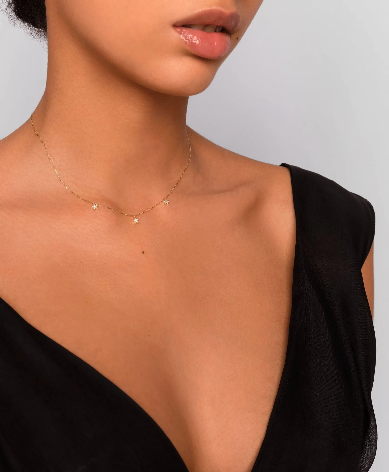 Tri-Star 14K Gold Necklace w. Lab-Grown Diamond