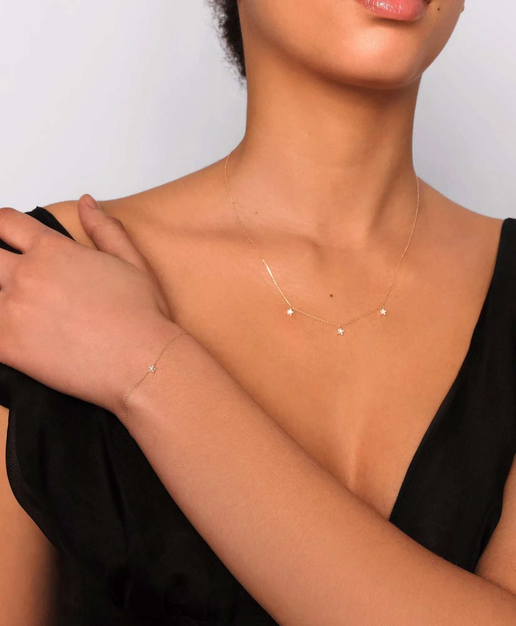 Tri-Star 14K Gold Necklace w. Lab-Grown Diamond