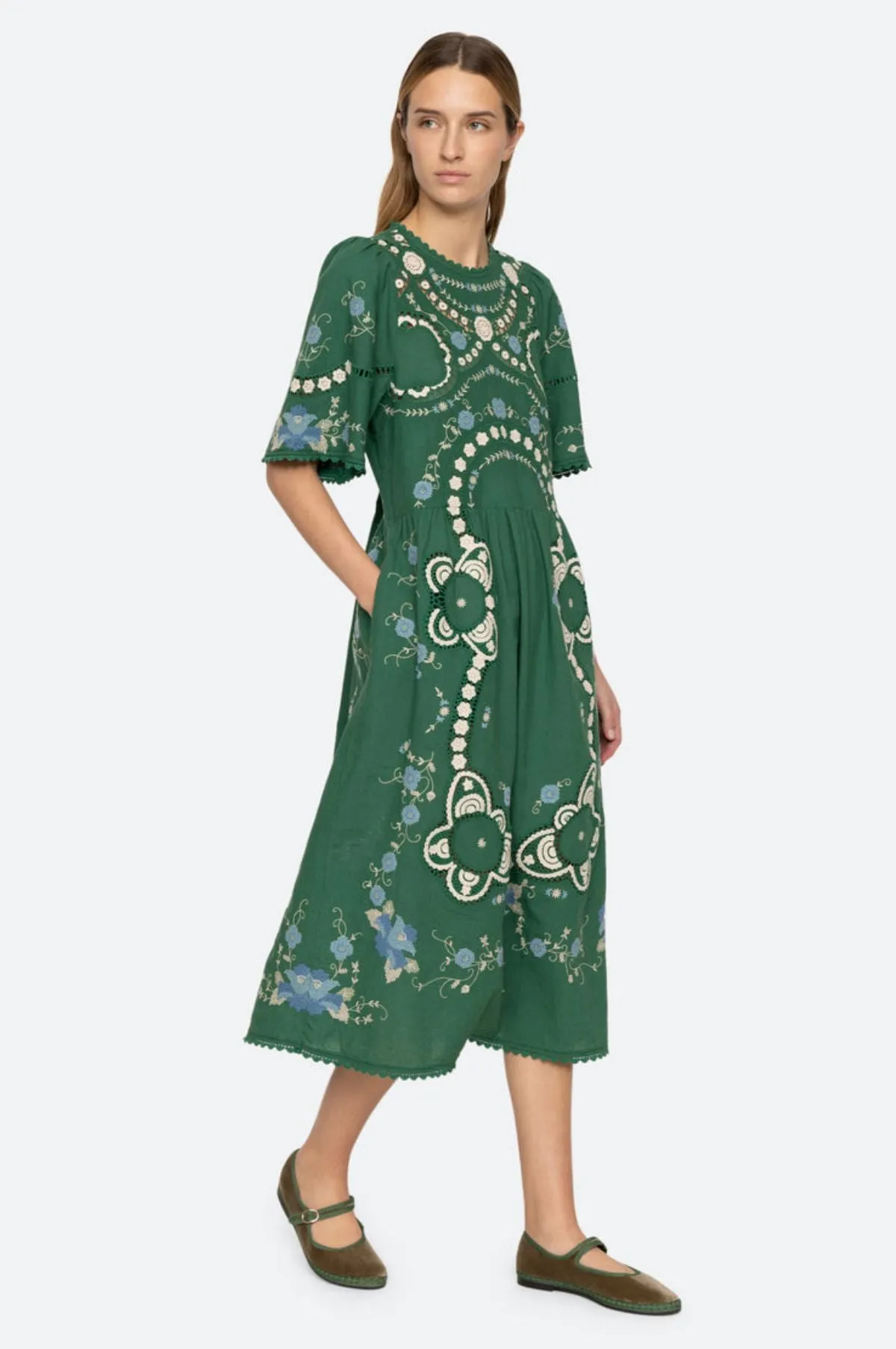 Vesna Embroidery S/Slv Dress Green
