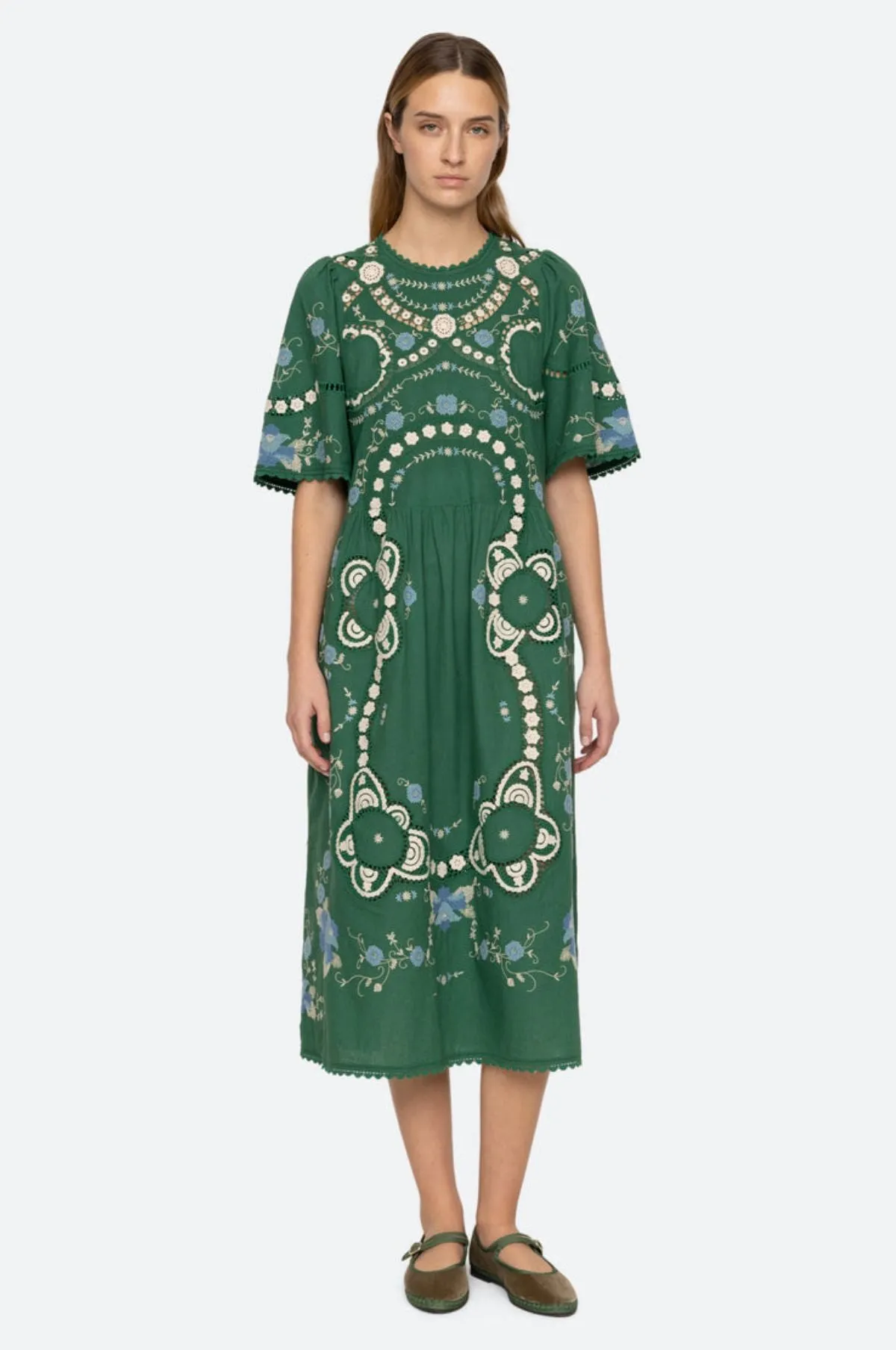 Vesna Embroidery S/Slv Dress Green